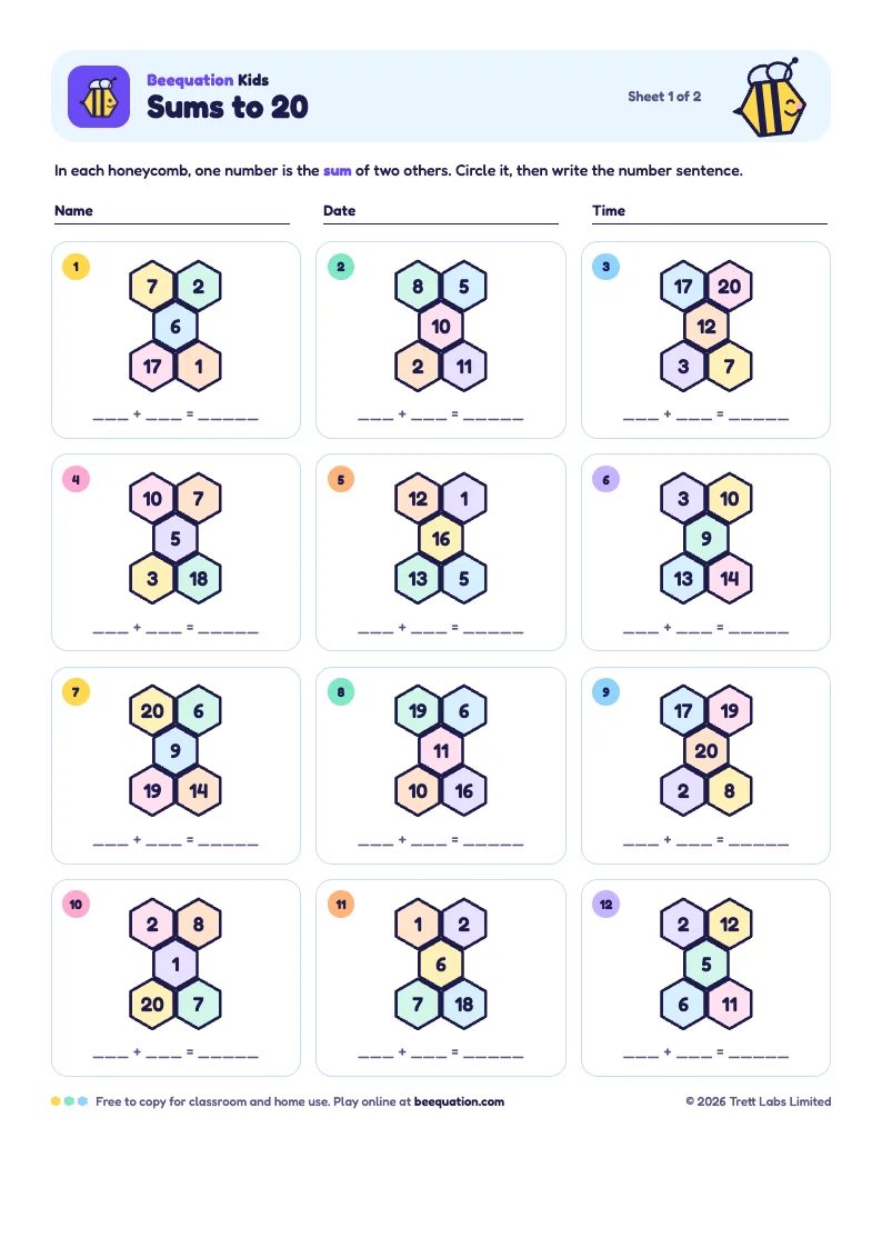 Première page du pack d’énigmes Beequation Kids : douze grilles en alvéoles colorées avec Indie l’abeille et de la place pour écrire le calcul