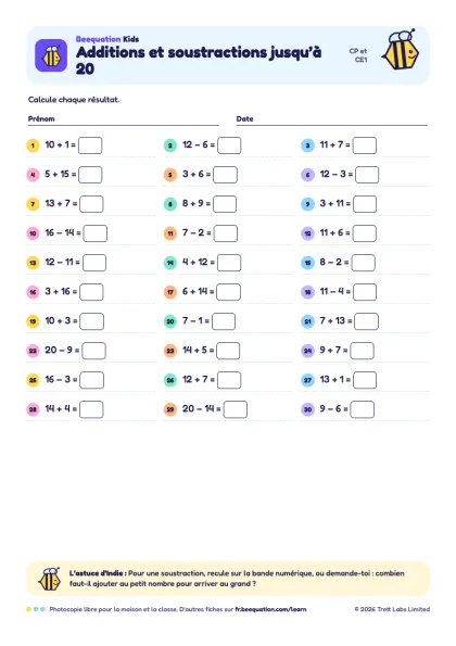 Aperçu de la fiche « Additions et soustractions jusqu’à 20 »