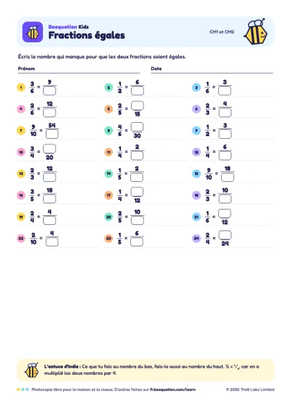 Aperçu de la fiche « Fractions égales »