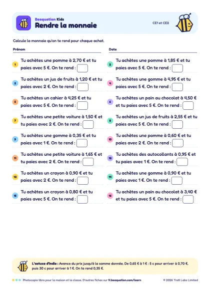 Aperçu de la fiche « Rendre la monnaie »