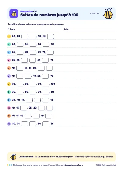 Aperçu de la fiche « Suites de nombres jusqu’à 100 »