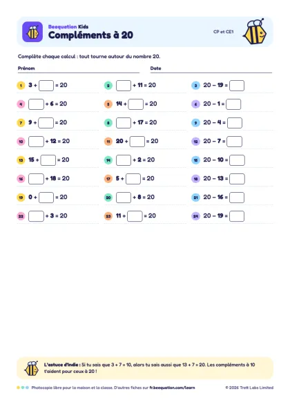 Aperçu de la fiche « Compléments à 20 »