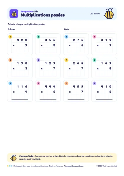 Aperçu de la fiche « Multiplications posées »