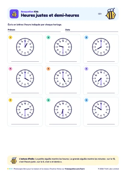 Aperçu de la fiche « Heures justes et demi-heures »