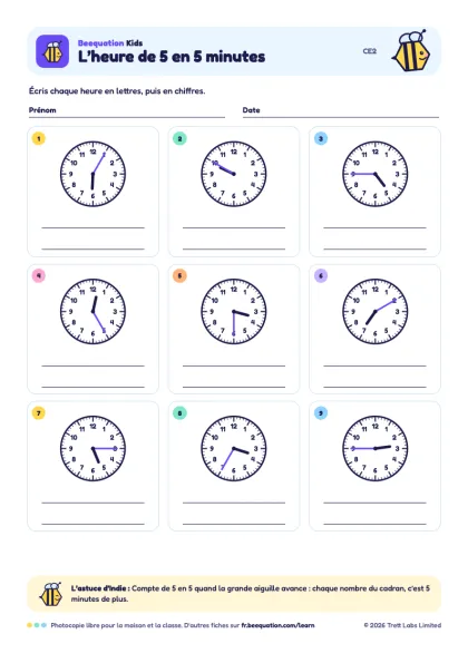 Aperçu de la fiche « L’heure de 5 en 5 minutes »